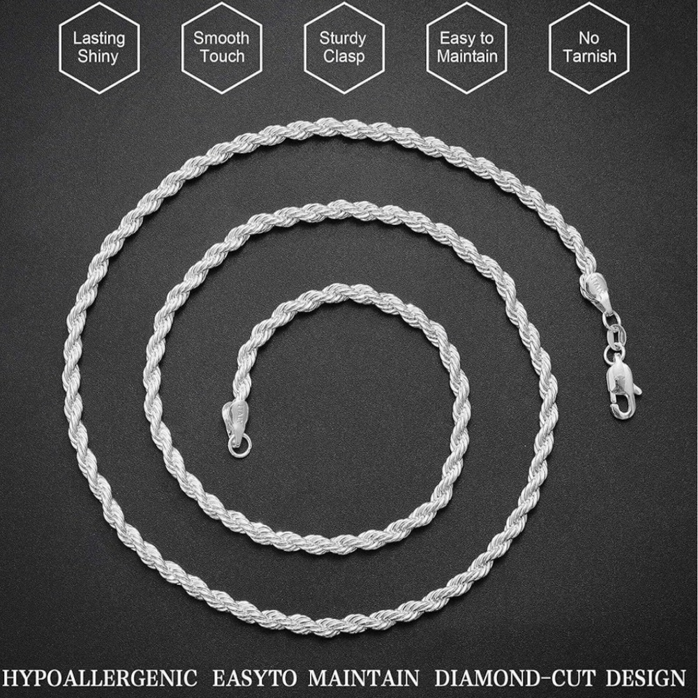 Men’s 4mm Rope Chain .925 Sterling Silver Stamped Franco Necklace Diamond-Cut - Picture 3 of 4